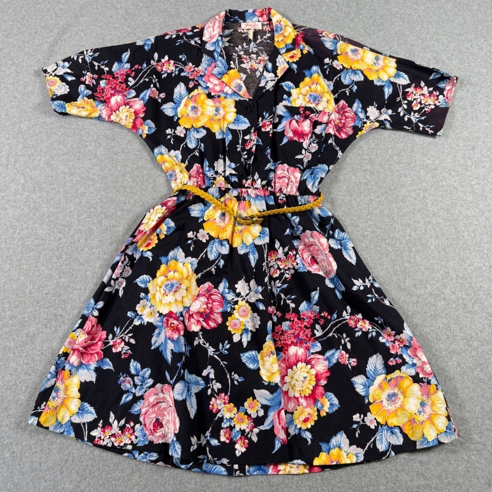 Vintage 70s 80s Jerri Jee New York Floral Shirt Dress Cottagecore Belted 10